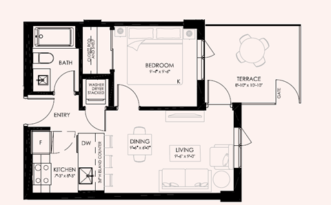 Floor plan for 1 bed, 1 bath, 460 sqft